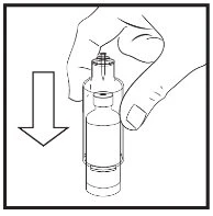 Una mano tiene un flaconcino di medicinale e una freccia rivolta verso il basso indica il movimento di pressione verso il basso