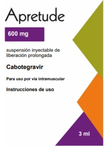 Packaging of the 600 mg Apretude drug based on Cabotegravir, extended-release injectable suspension for intramuscular use, 3 ml