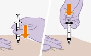 Two illustrations showing a hand holding a syringe and pushing it vertically downward into the skin with an orange arrow