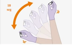 Sequence of gloved hands rotating a vial clockwise for 10 seconds, indicated by a curved orange arrow