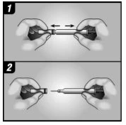 Two diagrams show two hands holding a medical device, first pulling it outward