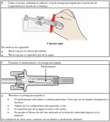 Diagramma medico che mostra come afferrare una siringa precargata per la rimozione e le istruzioni per l'ispezione del farmaco liquido
