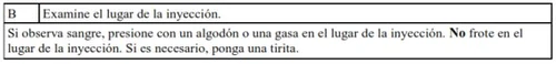 Table with text in Spanish providing instructions on use