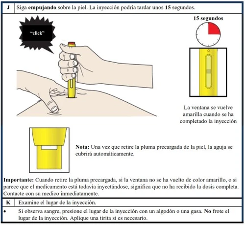 Medical illustration showing a hand pressing a yellow injector against the skin with a 15-second timer and a yellow viewing window