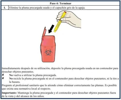 A hand discarding a yellow pre-filled pen into a red sharps container with a biohazard symbol