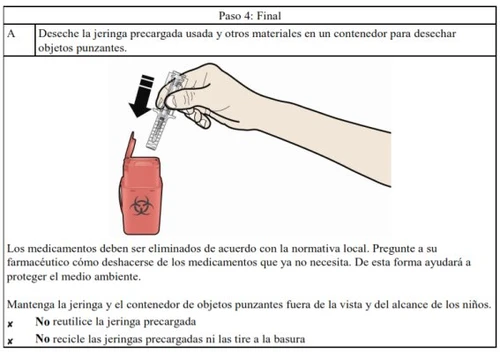 A hand disposing of a used pre-filled syringe into a red sharps container with a biohazard symbol