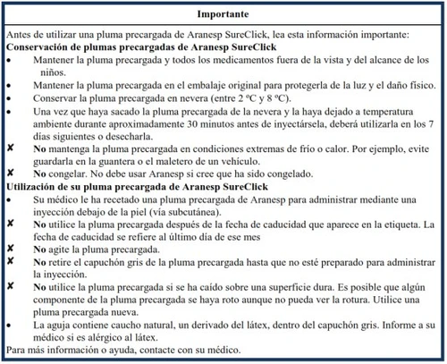 Informational text in Spanish about storage and use of the Aranesp SureClick pre-filled pen, including bullet points and warning symbols