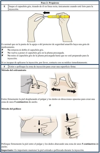 Medical diagram showing how to remove the grey cap from the pen and two methods for preparing the skin by stretching or pinching