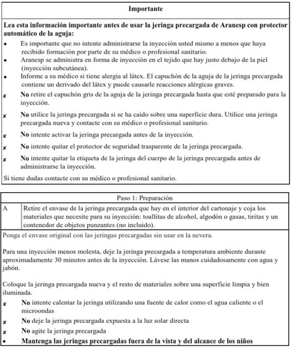 Informational text in Spanish about precautions and preparation for injection