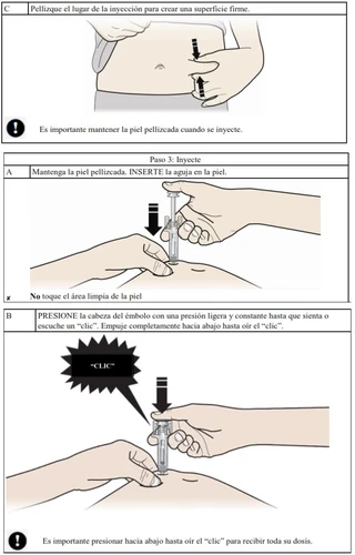 Three medical illustrations showing how to pinch the skin and insert the needle