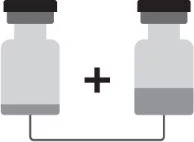 Due flaconi di medicinale grigi con tappo nero collegati tra loro da una linea sottile con un segno più al centro tra i contenitori