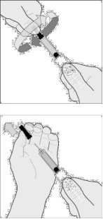Due disegni mostrano mani che ruotano un cappuccio su una siringa e poi la tengono verticalmente per la somministrazione del farmaco