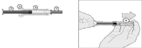 Technical diagram showing the preparation steps of a medical device with numbered indications and a hand moving a component to the right