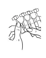 Line drawing of two hands holding and manipulating a glass vial with a cap and a syringe for drug withdrawal