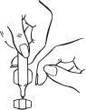 Black line drawing showing two hands gripping and preparing a pen-shaped medical device with a lower tip