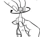 Two hands holding a vial while the upper hand rotates the cap clockwise, indicated by a black curved arrow