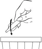 A hand holding an injection pen with a black arrow indicating downward movement for
