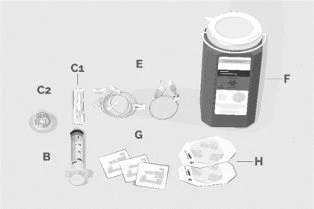 Medical diagram with alphabetical labels showing a syringe, a vial, containers, pill blisters, and a cylindrical jar on a gray background