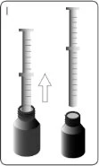 Syringe with plunger withdrawn being inserted into a dark medicine vial indicated by an arrow pointing downward