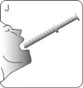 Profile of a human face in silhouette with open mouth receiving a stream of liquid from a tilted syringe