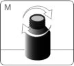 Diagram with two curved arrows indicating clockwise rotational movement of a dark cylindrical bottle with screw cap