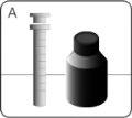 Black and white drawing of a graduated syringe next to a medicine bottle with screw cap on a white background
