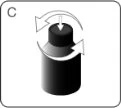 Diagram with white arrows indicating rotational movement around a dark cylindrical bottle and a vertical arrow pointing downward