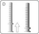 Two gray cylindrical syringes with graduated markings and an arrow pointing upward