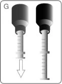 Two pre-filled syringes with black caps and graduated barrels, one with a downward arrow indicating a pressing motion