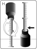Diagram showing how to screw a medicine bottle onto a syringe by turning clockwise and the