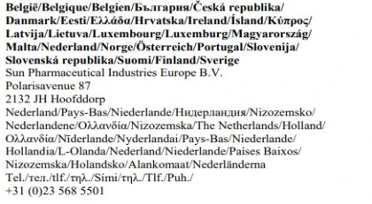 Elenco di nomi di paesi in varie lingue, l'indirizzo di Sun Pharmaceutical Industries Europe B.V. nei Paesi Bassi e il numero di telefono
