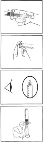 Sequence of four drawings showing how to prepare a syringe, withdraw liquid from a vial, and hold the device for injection