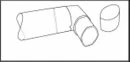Black and white technical drawing of a medical tubing elbow connector next to a small separate cylinder