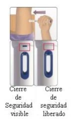 Illustrazione medica che mostra una mano che usa un dispositivo di iniezione sulla gamba e il confronto tra il dispositivo con blocco di sicurezza visibile e liberato