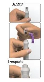 Tre riquadri che mostrano mani che impugnano un dispositivo medico bianco, prima, durante l'apertura di una parte viola e dopo l'uso