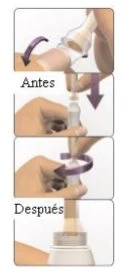 Sequenza di quattro passaggi che mostrano mani che manovrano un dispositivo medico tramite movimenti rotatori e di pressione verso il basso