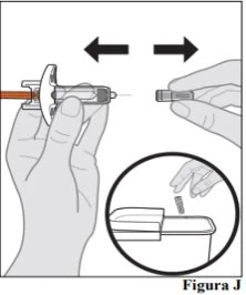 Technical drawing showing hands detaching a needle from a syringe, with a circular inset illustrating disposal into a sharps container