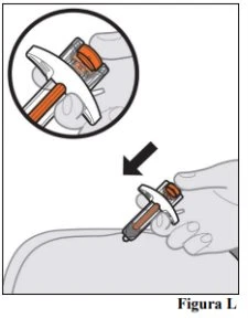 A hand holding a medical device to inject medication into the skin of the body, with a magnified detail of the upper part