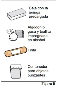 Illustration of a box with a pre-filled syringe, cotton or gauze with an alcohol wipe, adhesive bandage, and sharps disposal container