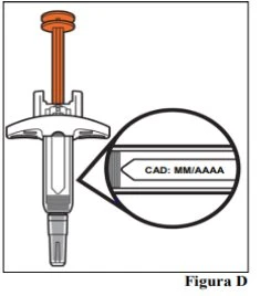 Diagram of a medical device with an orange button on top and a magnified inset showing the text CAD: MM/YYYY on the device body