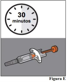 Stylized clock indicating 30 minutes above a syringe with an orange plunger on a gray and white background