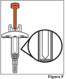 Diagram of a syringe with an orange plunger and a magnified detail of the transparent tip showing the internal liquid level