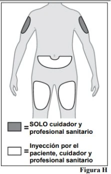 Human body diagram with gray areas on the arms for caregiver and professional use, and white areas on the abdomen and thighs for patient use