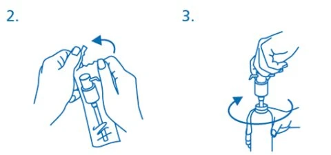 Disegno lineare che mostra due mani che aprono un flaconcino e una mano che ruota il tappo per aprirlo con una freccia circolare