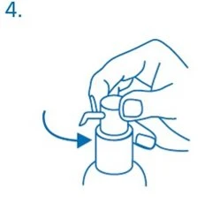 Disegno lineare blu che mostra una mano che ruota il tappo di un flacone verso sinistra con una freccia curva che indica la direzione del movimento