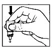 A hand holds a vial with a black arrow pointing downward and a drop of liquid falling from the nozzle