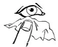 Black and white drawing of an open eye above a finger pressing on a tissue or soft cloth