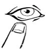 Stylized black and white drawing of an open eye above a finger pointing towards the