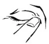 Black and white drawing of a finger gently lifting the upper eyelid of a closed eye with visible eyelashes