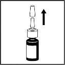 Diagramma che mostra la rimozione del tappo protettivo da una fiala di medicinale, indicata da una freccia nera rivolta verso il basso